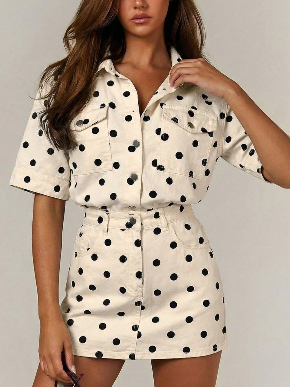 Casual Women's Denim Multifunctional Polka Dot Print Button Pocket Denim Dress